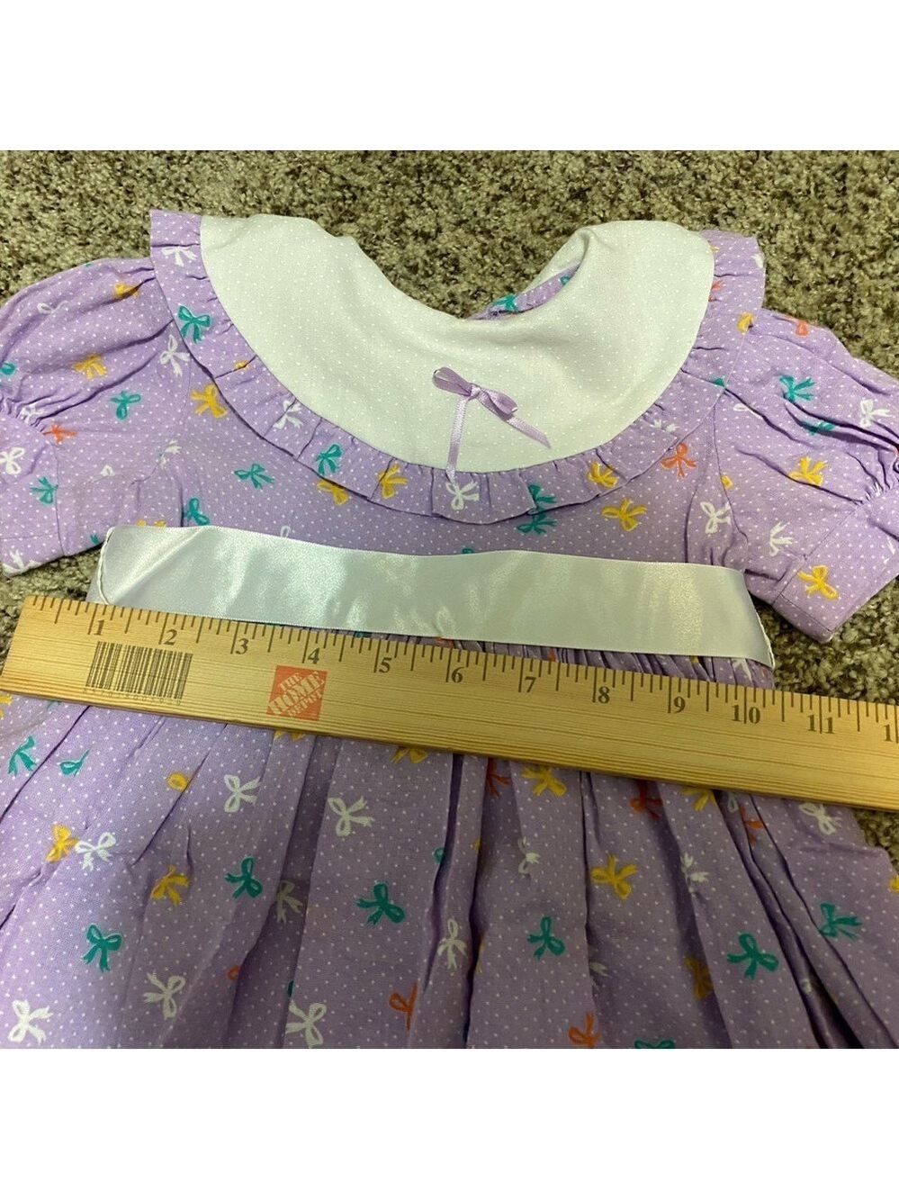 Vintage Toddler Girl Cotton Dress 80s 90s Purple Polka Dot Bows Ribbon Tie - Picture 9 of 11